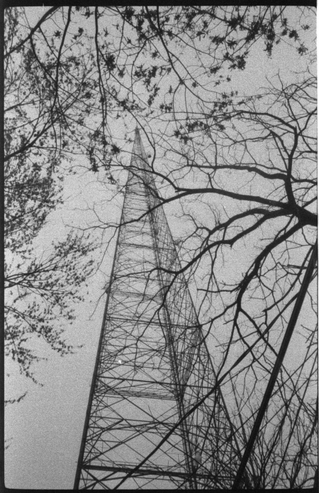 A large metal tower is seen from below, bare tree branches frame the tower.